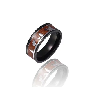 Vintage Edelstahl Ring Für Herren Damen Schwarzes Band Mit Holzeinlage Wald Rentier Muster Weihnachten Mode Schmuck Geschenk