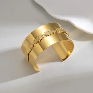 Minimalist wide cuff bracelet with 18K gold plating and embossed chain design