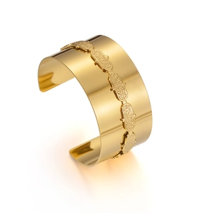 Exaggerated wide open bangle in 18K gold plated luxury minimalist aesthetic design