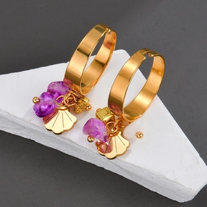 Bohemian gold hoop earrings with purple crushed stone and seashell pendants
