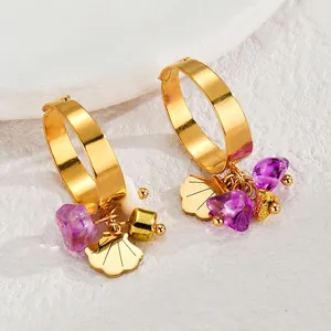Bohemian gold stainless steel earrings with purple stone and shell charms set