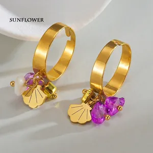 Bohemian adjustable gold ring with purple crushed stones and shell pendant jewelry