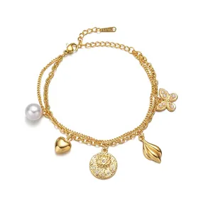 Minimalist Double Layer Stainless Steel Charm Bracelet For Women Gold Plated Butterfly Heart Evil Eye Artificial Pearl Pendants Jewelry