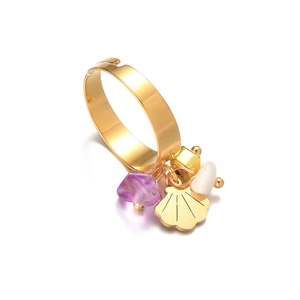 Bohemian gold stainless steel open ring with amethyst stone and shell charm pendants