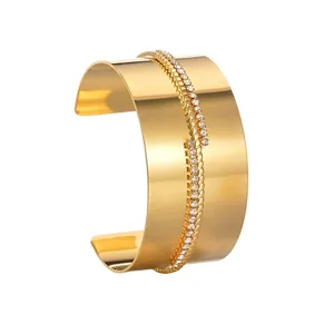 Lussuoso Bracciale Rigido Aperto in Acciaio Inossidabile con Zirconia Oro Largo Strass Geometrico per Donna Festa Quotidiano
