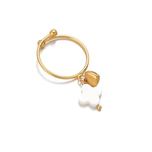 Minimalist Stainless Steel Gold Dangle Ring Personalized Heart Clover Charm Adjustable Open Finger Ring Fashion Jewelry For Women