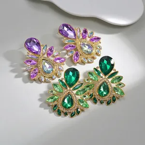 Elegant vintage gold drop earrings with purple and green teardrop crystals and rhinestones