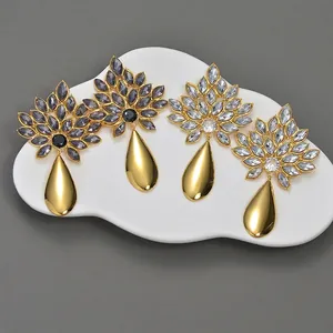 Elegant 18K gold plated flower teardrop earrings with crystals for women in two colors