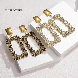 Vintage geometric square drop earrings with sparkling rhinestones in gold settings