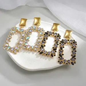 Retro geometric square drop earrings with crystals in gold finish for women