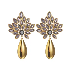 Elegant Stainless Steel Rhinestone Flower Water Drop Dangle Earrings Luxury 18K Gold Plated Vintage Jewelry For Women Gift