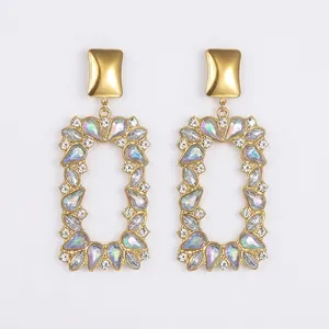 Vintage Stainless Steel Geometric Square Drop Earrings For Women Luxury Rhinestone Inlaid Golden Fashion Statement Jewelry