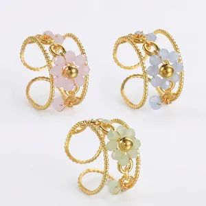Fashion Hollow Beaded Flower Stainless Steel Open Ring Minimalist Ins Style Adjustable Floral Ring For Women Jewelry Gift