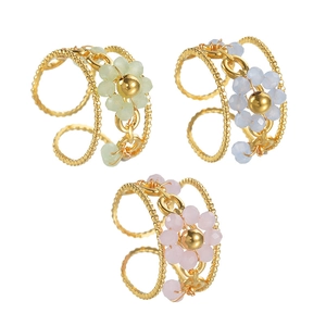 Fashionable hollow stainless steel open ring with colorful beaded flowers and gold plating