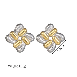 Detail of two-tone square weave stud earrings showing 2.6cm size and 11.8g weight