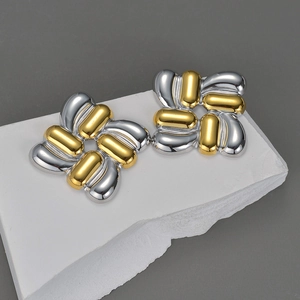 Two-tone silver and gold woven square hoop earrings for women in polished stainless steel