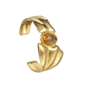 Retro wide open bangle with gold irregular texture and oval tiger eye stone inlay