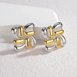 Minimalist square knot earrings in dual-tone gold and silver polished stainless steel finish