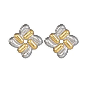 Geometric Braided Square Earrings Stainless Steel Two Tone Gold Silver Minimalist Small Stud Earrings For Women Jewelry