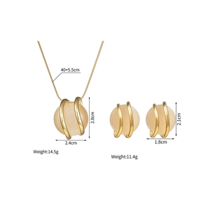 Detailed view of cat eye stone necklace and earrings set with gold-plated dimensions