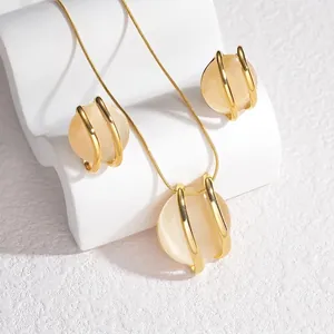 Elegant gold round pendant necklace and earring set with opal gemstone in minimalist design