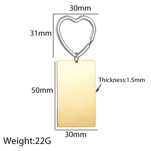 Golden rectangular steel tag with heart ring detail showing size dimensions and weight