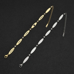 Custom stainless steel bracelet with oval metal plates and sparkling rhinestones