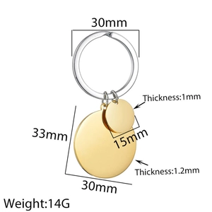 Polished gold stainless steel disc keychain pendants with dimensions and weight data