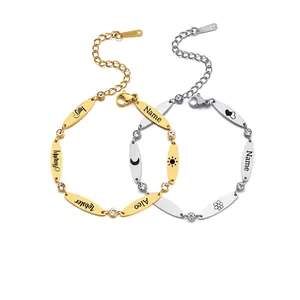 Minimalist Stainless Steel Oval Disc Rhinestone Link Bracelet Smooth Polished Chain Bracelet For Women Fashion Jewelry
