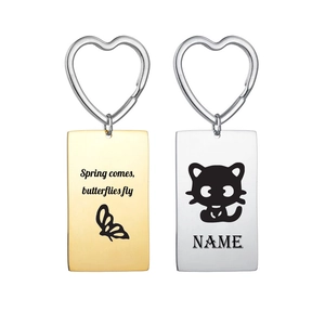 Custom rectangle 304 stainless steel keychains with heart rings in gold and silver