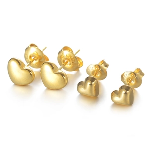 Minimalist gold heart-shaped stainless steel stud earrings in two sizes on white background