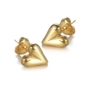 Polished heart-shaped 18K gold-plated stainless steel stud earrings in high-gloss finish