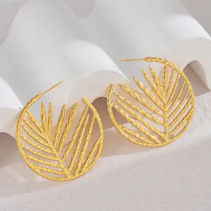 Exaggerated 18K gold hollow round leaf earrings in minimalist stainless steel