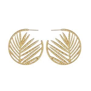 Stainless Steel Gold Palm Leaf Hollow Hoop Earrings For Women Personality Exaggerated Round Leaf Jewelry Daily Party Accessories
