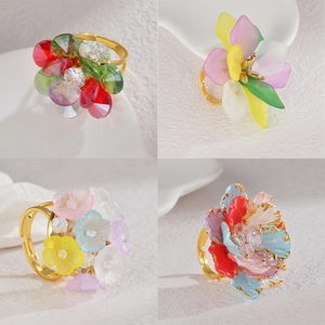 Artistic colorful flower rings with golden adjustable bands in four stylish designs