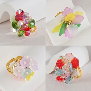 Luxury colorful flower rings set with colorful crystals and frosted petals for women