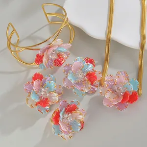 Elegant Stainless Steel Colorful Flower Jewelry Set Rhinestone Enamel Necklace Earrings Bracelet Open Ring Women Gift