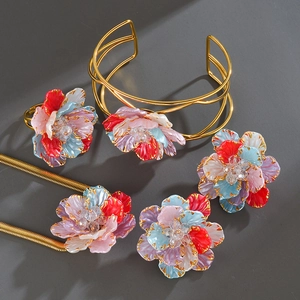 Elegant 5-piece colorful floral stainless steel jewelry set with enamel petals and crystals