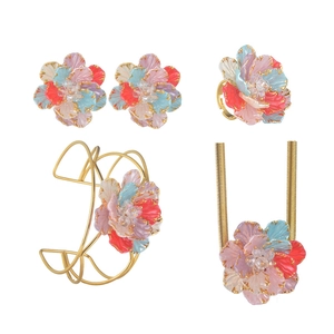 Elegant colorful floral stainless steel jewelry set with necklace earrings bracelet and ring