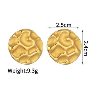 Detail view of gold crumpled geometric earrings showing dimensions 2.5cm by 2.4cm