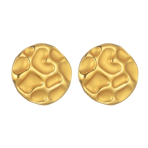 Retro 18K gold plated stainless steel stud earrings with textured geometric round design