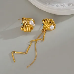 Elegant asymmetrical shell pearl tassel earrings in gold-plated stainless steel for women