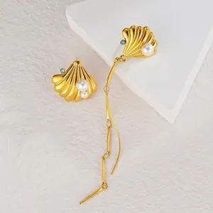 Elegant asymmetrical shell pearl tassel earrings in titanium steel with gold plating