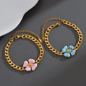Bracelet Pendentif Fleur Acier Inoxydable Plaqué Or Émail Floral Chaîne Gourmette Bijoux Pour Femmes Filles