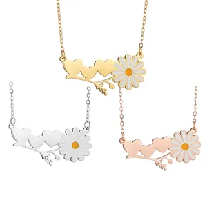 Collier Pendentif Cœur Marguerite En Acier Inoxydable Pour Femmes Bijoux Romantiques En Émail Fleur Cadeau Quotidien