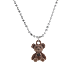 Brown flocked teddy bear pendant necklace on a silver beaded chain for women