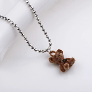 Brown flocking teddy bear pendant long necklace with silver ball chain accessory