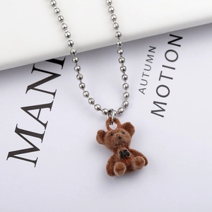 Charming brown flocked teddy bear pendant necklace with a silver bead chain for women