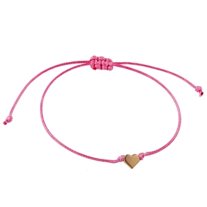 Bracelet en corde tressée rose avec pendentif cœur doré et fermeture à cordon réglable