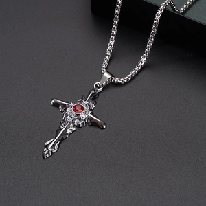 Gothic hollow cross pendant with red zircon stone on thick silver stainless steel chain